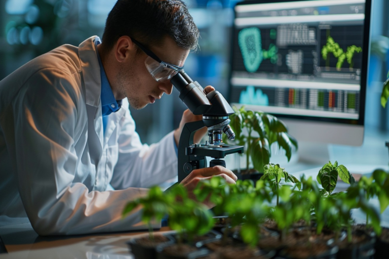 A scientist examining plants in a lab